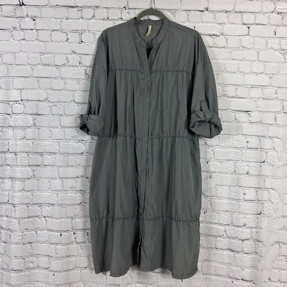 XCVI Cassiopeia Shirtdress Nylon Dress Gray Women XL Roll Tab Sleeve Snap Button - Picture 8 of 13
